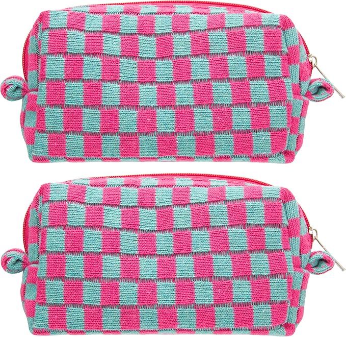 Checkered Makeup Bag for Purse, Small Cosmetic Pouch,Magenta Green,2 Pack