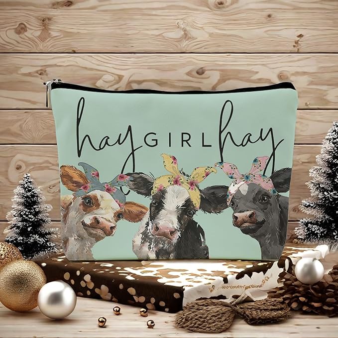 NEGIGA Cow Print Stuff,Cow Makeup Bag,Cow Gifts,Western Makeup Bag,Makeup Bags For Women,Cow Print(Green Pu Leather Cosmetic Bag)