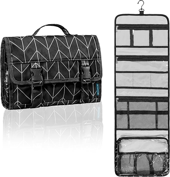 PAVILIA Travel Hanging Toiletry Bag for Women Men, Extra Large Capacity Makeup Bag Kit, Waterproof Cosmetic Storage Organizer Case for Bathroom Shower, Black Chevron