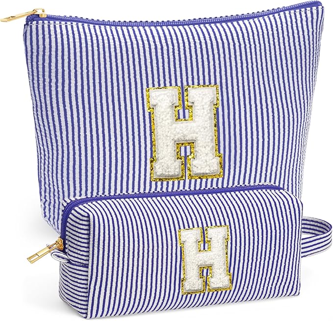 Fohufo Small Makeup Bag for Purse - Travel Makeup Bag Set, Initial Make up Bag Organizer Makeup Pouch, Blue Preppy Stuff Birthday Gifts for Women Travel Essentials, Blue Letter H