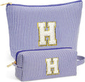 Fohufo Small Makeup Bag for Purse - Travel Makeup Bag Set, Initial Make up Bag Organizer Makeup Pouch, Blue Preppy Stuff Birthday Gifts for Women Travel Essentials, Blue Letter H