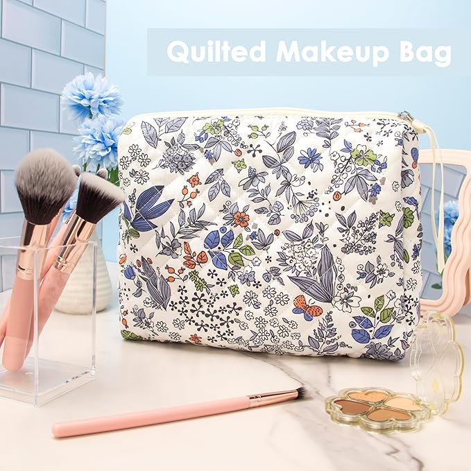 Quilted Makeup Pouch for Women, Travel Cosmetic&Toiletry Bag,Leaf White