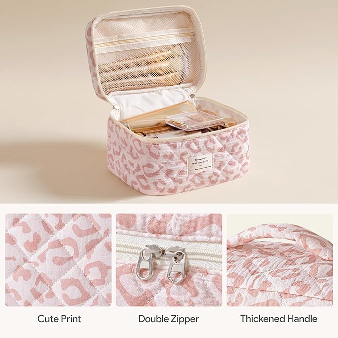 HBselect Quilted Makeup Bag, 3Pcs Cotton Large Travel Makeup Bags Organizer