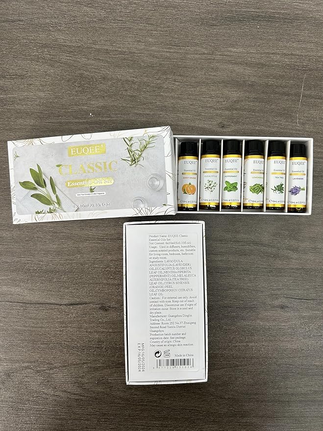 EUQEE 6 Pcs Pure Essential Oils Set, Premium Classic Scent Kit for Diffuser, Massage, Bath, DIY Crafts, Home Fragrance – Lavender, Eucalyptus, Peppermint, Tea Tree, Sweet Orange, Lemongrass
