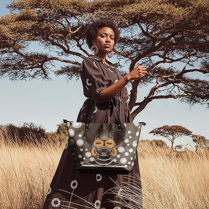 Afroyla African Black Women's Leather Tote Bag, Large Size, Premium Leather, Perfect Presents For Women (Fahari, Premium Vegan Leather)