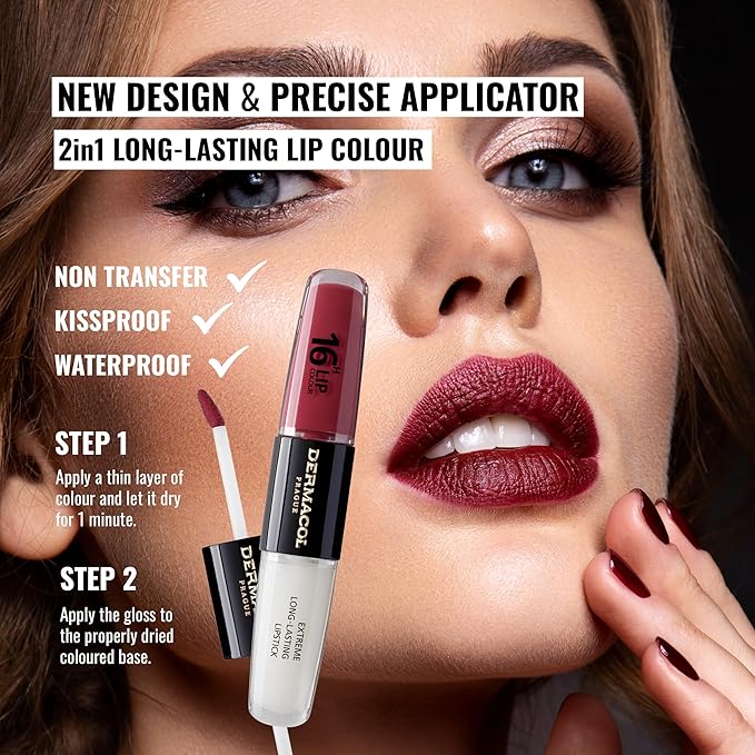 Dermacol 16-Hour Lip Color, Two-Phase Kissproof Lip Stain & Gloss, No.6