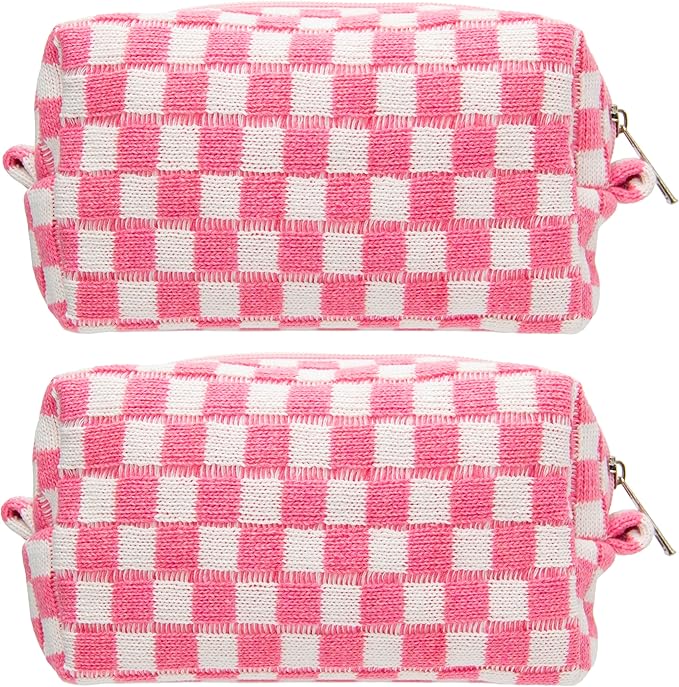 Checkered Makeup Bag for Purse, Small Travel Cosmetic Pouch,Pink,2 Pack