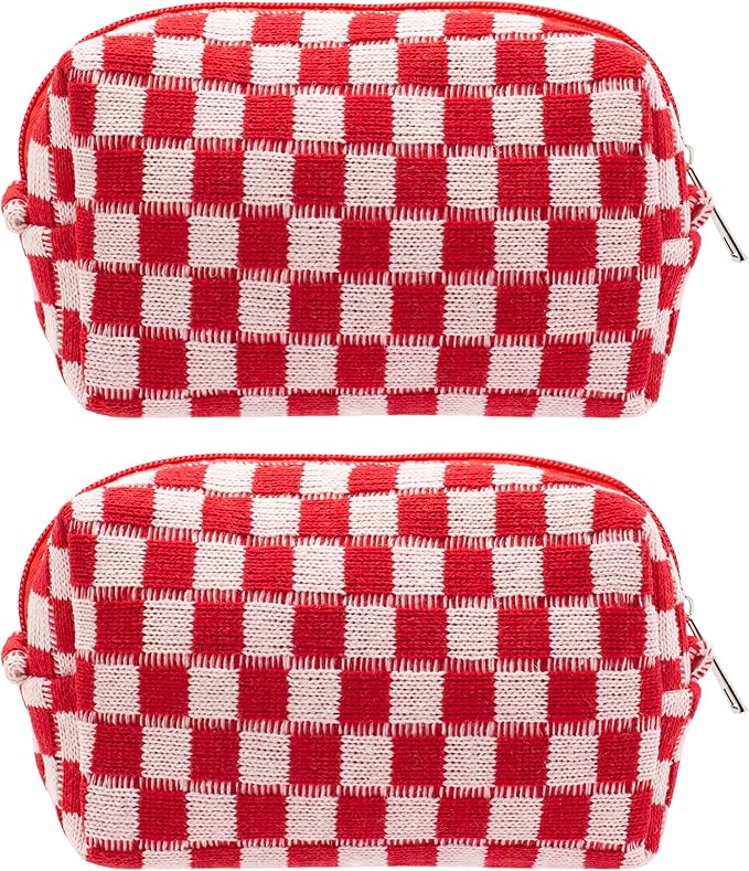 Checkered Makeup Bag for Purse, Small Travel Cosmetic Pouch,Red,2 Pack