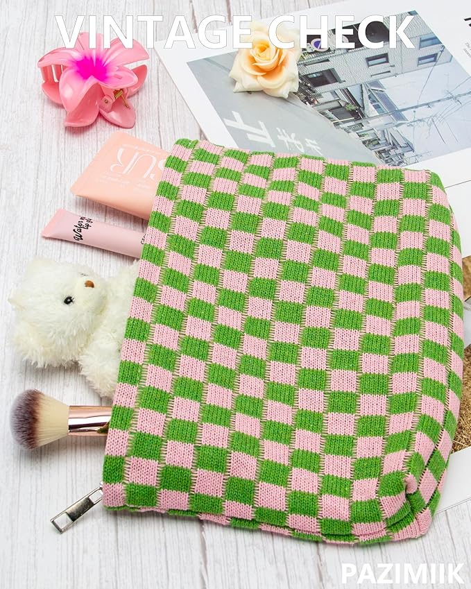 Checkered Makeup Bag for Purse, Small Flat Cosmetic Pouch,Pink Green