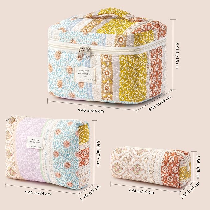 HBselect Quilted Makeup Bag, 3Pcs Cotton Large Travel Makeup Bags Organizer