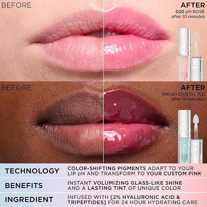 L'Oreal Paris Plump Ambition pH Hyaluron Lip Oil, Color Shifting Lip Tint with 24HR Hydration, Volumizing Shine and Lasting Color, 050 pH Lilac