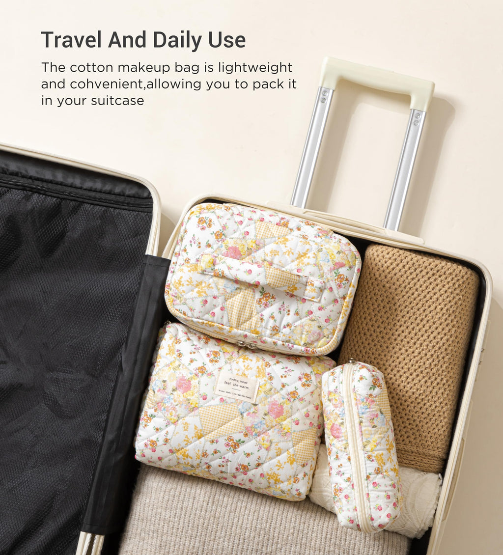 HBselect Quilted Makeup Bag, 3Pcs Cotton Large Travel Makeup Bags Organizer