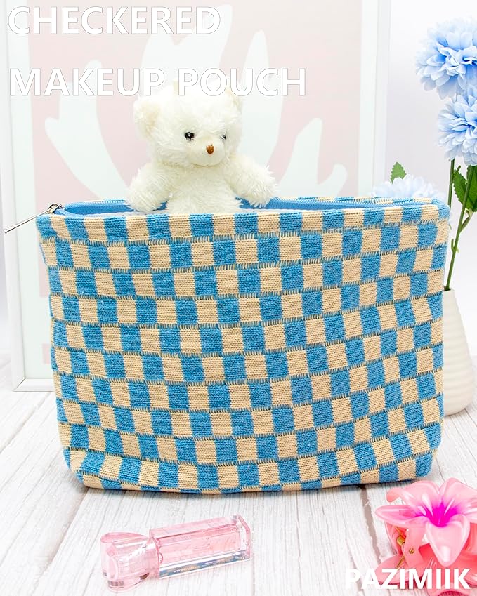 Checkered Makeup Bag for Purse, Small Flat Cosmetic Pouch,Blue Beige