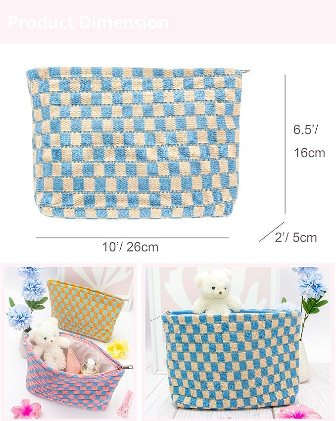 Checkered Makeup Bag for Purse, Small Flat Cosmetic Pouch,Blue Beige