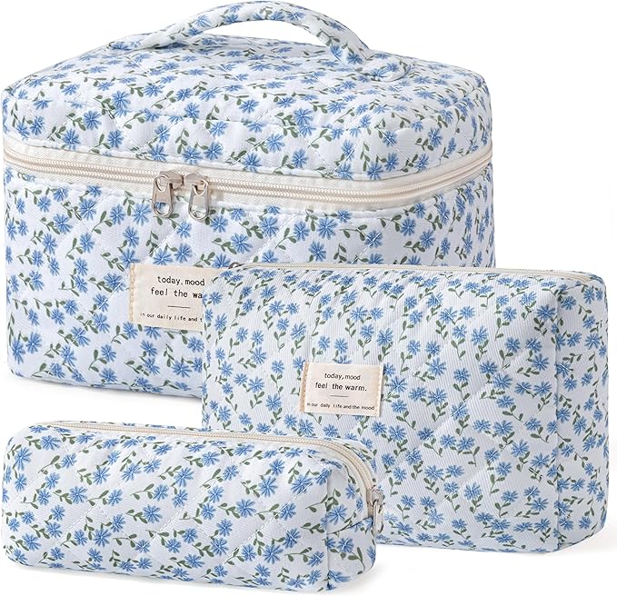 HBselect Quilted Makeup Bag, 3Pcs Cotton Large Travel Makeup Bags Organizer