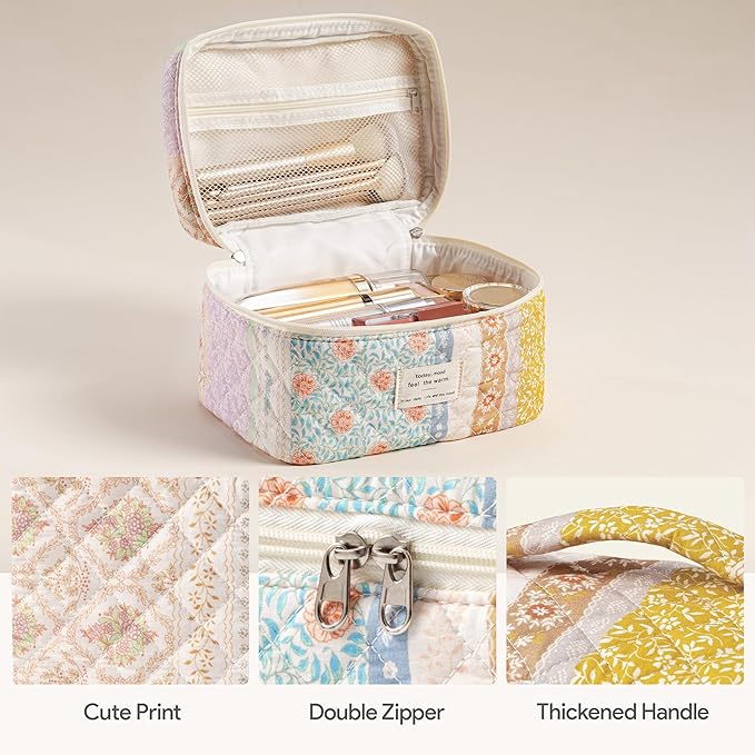 HBselect Quilted Makeup Bag, 3Pcs Cotton Large Travel Makeup Bags Organizer
