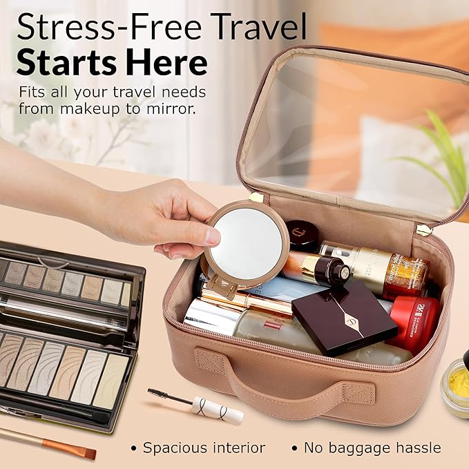 Clear Makeup Bag Set, Travel Cosmetic Bags with Transparent TPU Front, 3PCS (Large & Small Pouches + Compact Mirror), Saffiano PU Leather Toiletry Organizer for Women, Nude