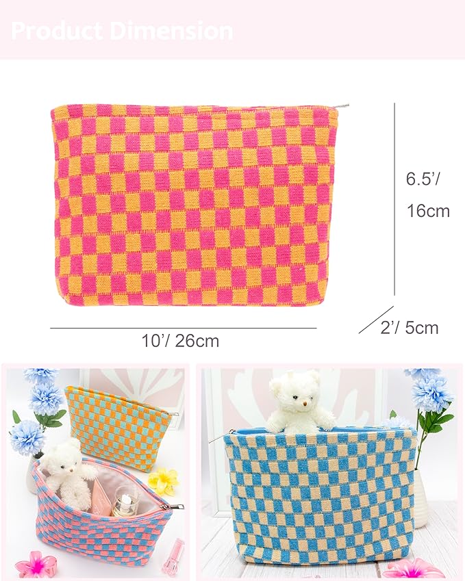 Checkered Makeup Bag for Purse, Small Flat Cosmetic Pouch,Red Orange
