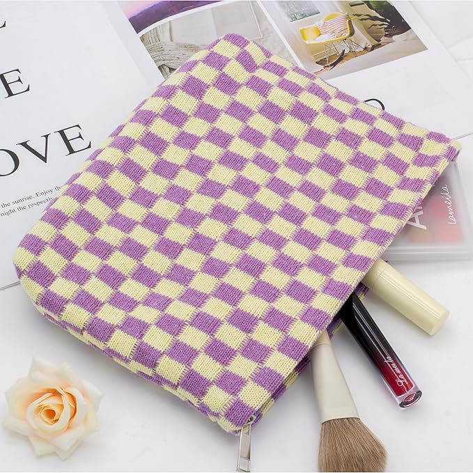 PAZIMIIK Checkered Makeup Bag for Purse, Small Flat Cosmetic Pouch,Purple