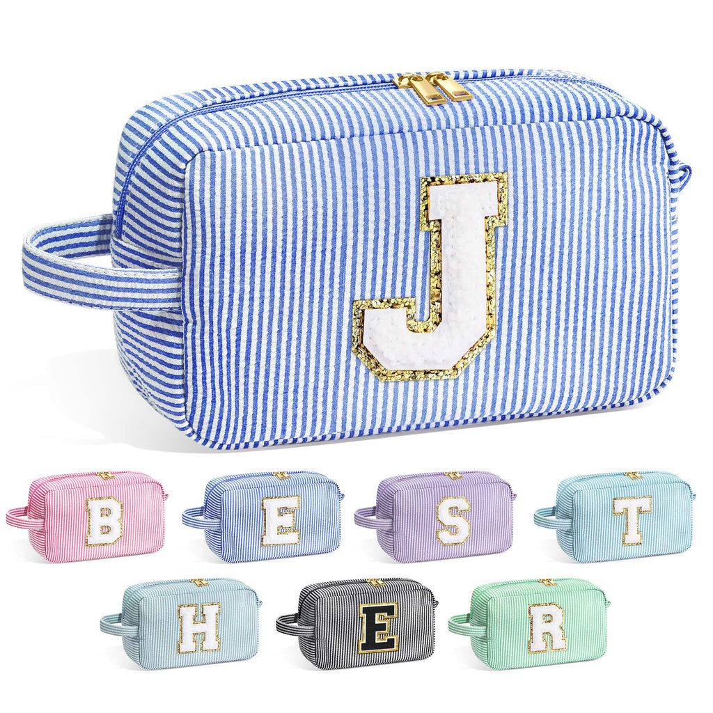 YOOLIFE Initial Makeup Bag for Women - Monogram Cute Makeup Bags Cosmetic Case Toiletry Pouch for Women Her Best Friend Sister Teacher, Personalized Birthday Gifts for Women, Blue J