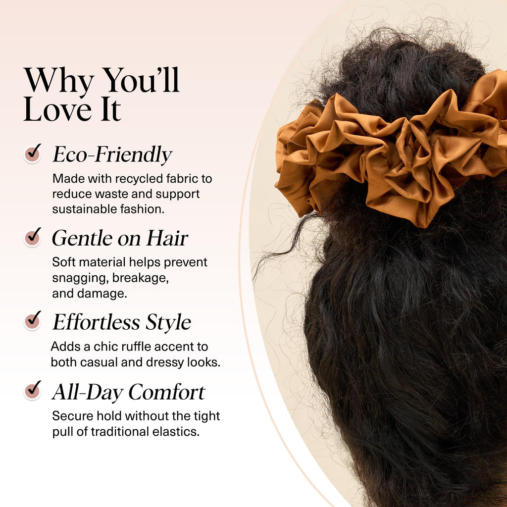 Kitsch Ruffle Satin Scrunchies For Women - Gentle Hair Tie - Camel