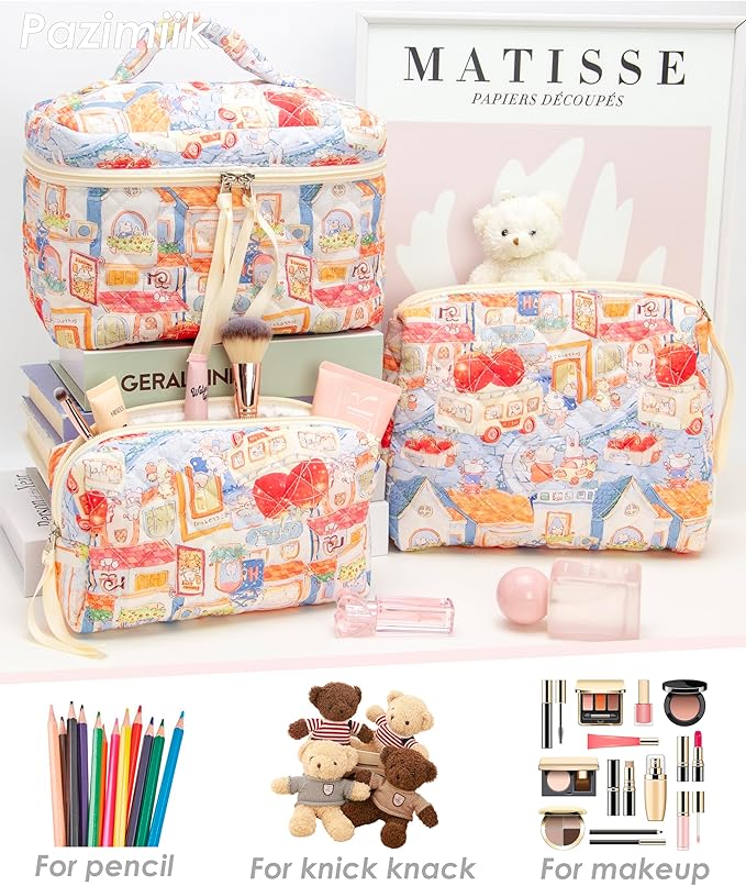 3 Piece Quilted Makeup Bag Set for Women,Cosmetic&Toiletry Bag,Little Bunny