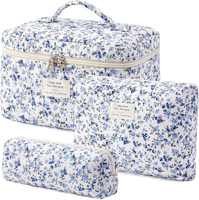 HBselect Quilted Makeup Bag, 3Pcs Cotton Large Travel Makeup Bags Organizer