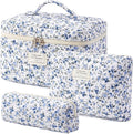 HBselect Quilted Makeup Bag, 3Pcs Cotton Large Travel Makeup Bags Organizer