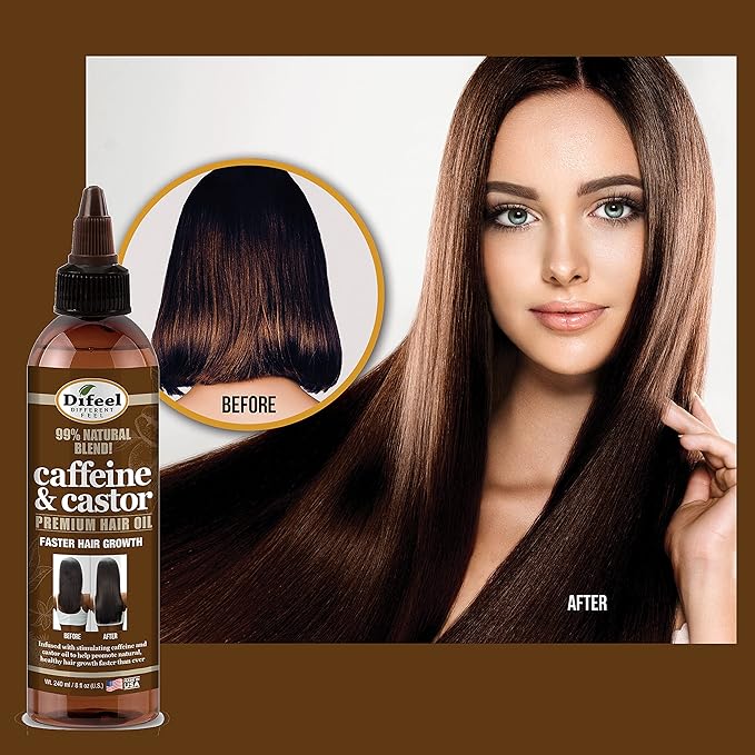 Difeel Caffeine & Castor Hair Oil Blend for Thicker, Fuller-Looking Hair 8 oz. - Nourishing Scalp & Hair Oil Treatment, Strengthens Moisture Retention