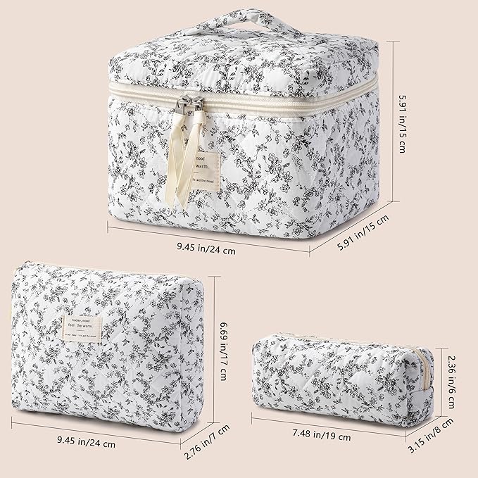 HBselect Quilted Makeup Bag, 3Pcs Cotton Large Travel Makeup Bags Organizer