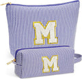 Fohufo Initial Cosmetic Bag Set - Travel Bag Makeup Pouch, Makeup Bag with Zipper Make up Kit Preppy Stuff Birthday Gifts for Women Travel Essentials Travel Bag, Blue Letter M