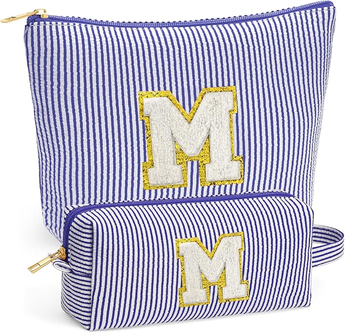 Fohufo Initial Cosmetic Bag Set - Travel Bag Makeup Pouch, Makeup Bag with Zipper Make up Kit Preppy Stuff Birthday Gifts for Women Travel Essentials Travel Bag, Blue Letter M