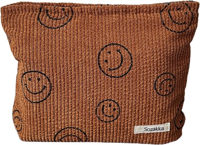 Gardsell Cosmetic Bags for Women - Corduroy Cosmetic Bag Aesthetic Women Handbags Purses Smile Dots Makeup Organizer Storage Makeup Bag Girls Case Bags (A-Brown)