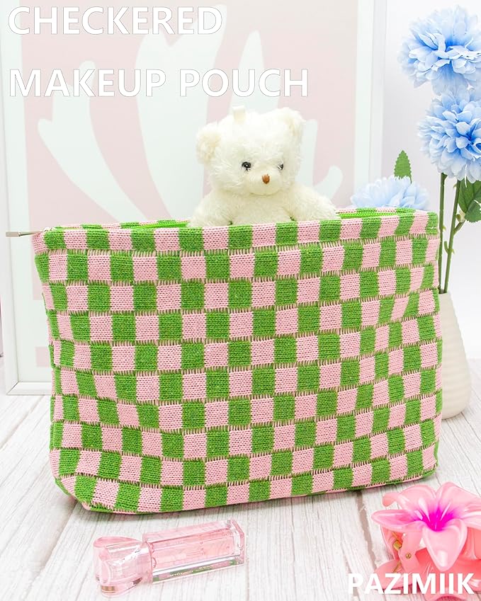 Checkered Makeup Bag for Purse, Small Flat Cosmetic Pouch,Pink Green