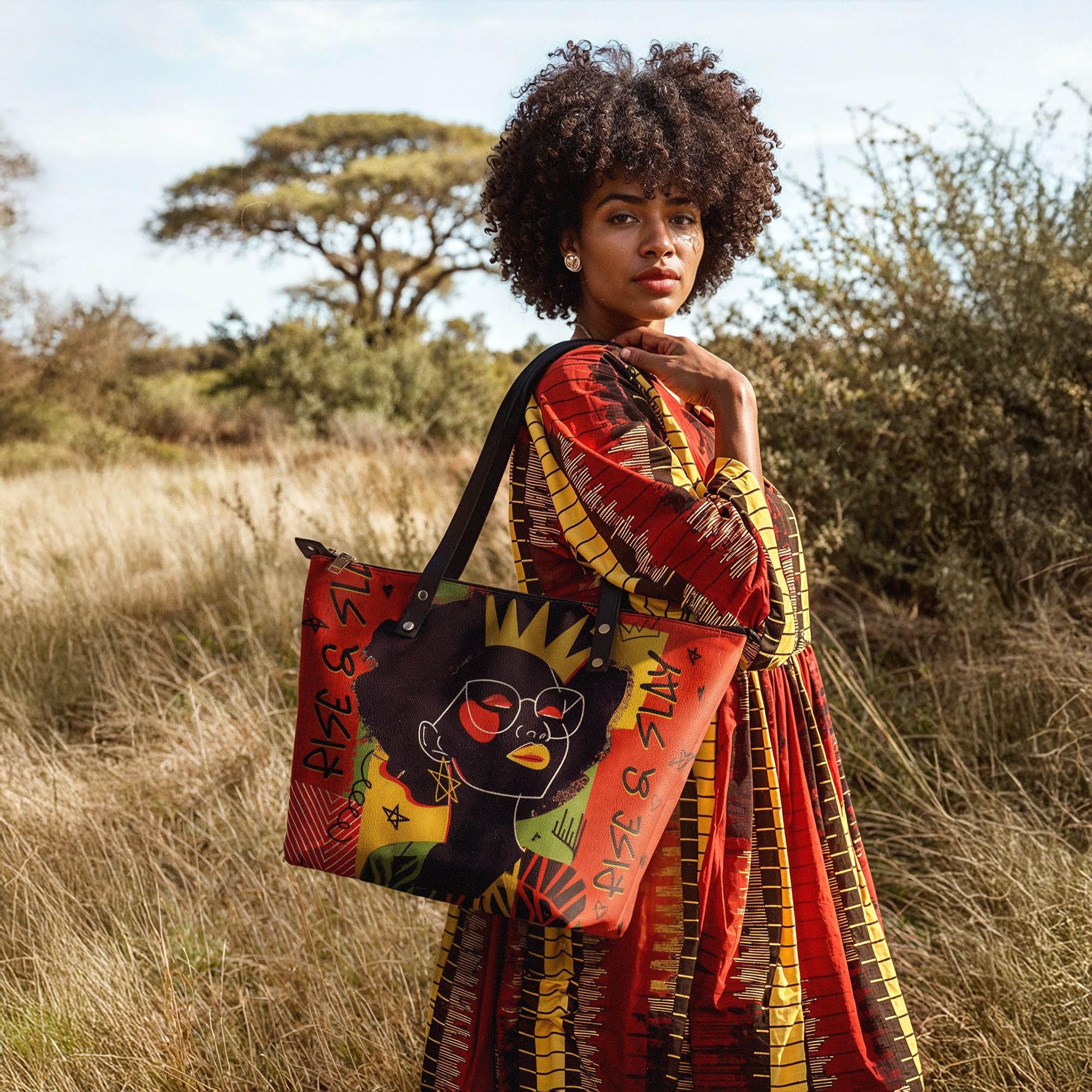 Afroyla Afrocentric Art Totebag for Black Women – Premium Leather, Work & Everyday Bag, Ideal Gift for Her on Mother's Day