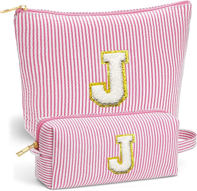 Fohufo Travel Essentials - Portable Travel Toiletry Bag for Women, Initial Makeup Kit Organizer Make up Cosmetic Bag Set Pink Stuff Birthday Gifts for Women Daughter Mom, Pink Letter J