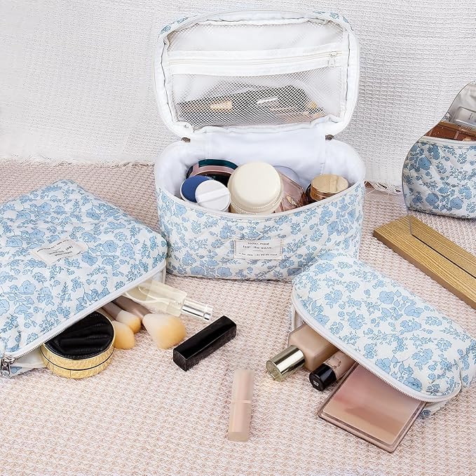 3pc Makeup Bag Set, Quilted Makeup Bag Set, Large Floral Cosmetic Bag for Women, Cute Cotton Makeup Bags, Flower Travel Toiletry Organizer Bag(Green Dog Print)