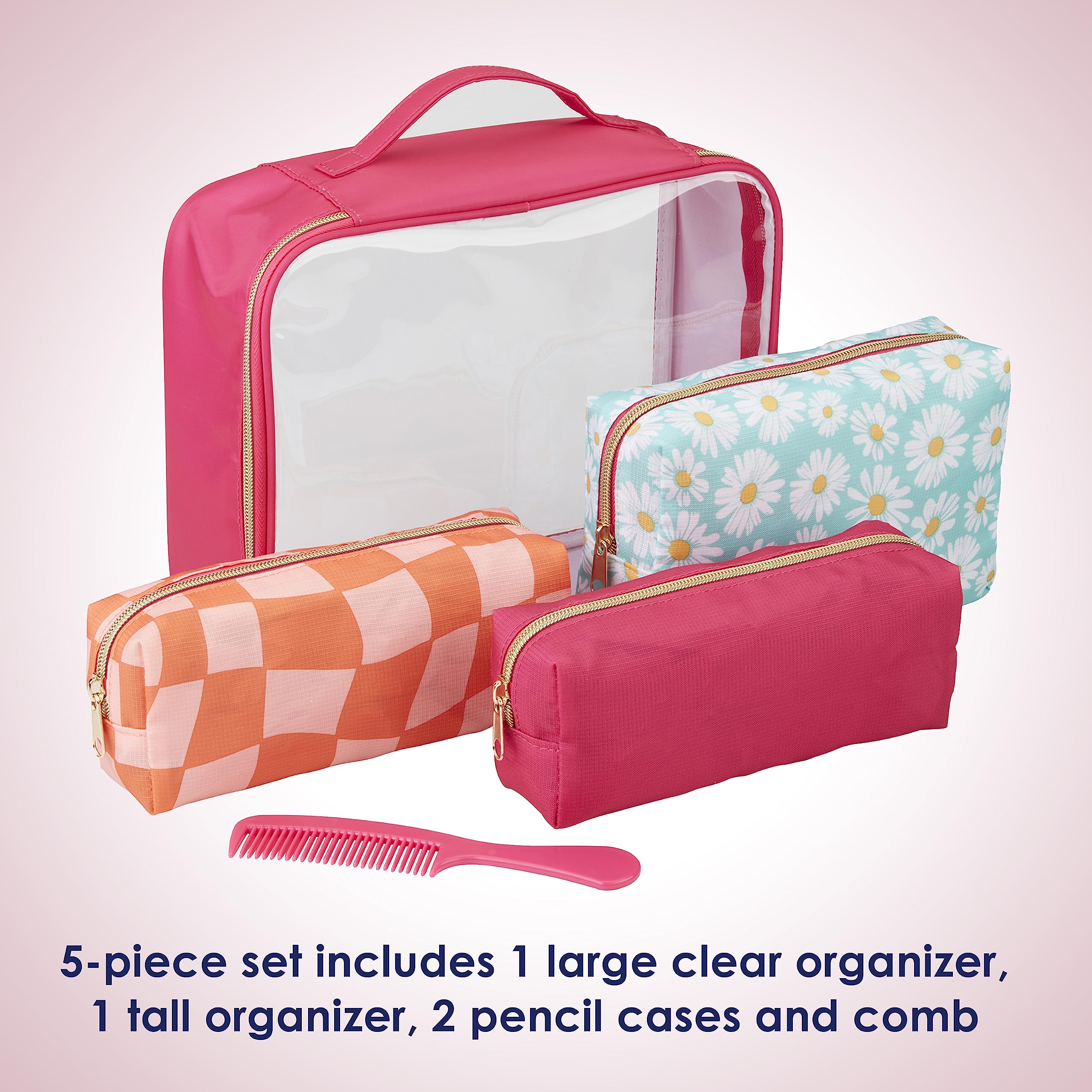 Conair 5 Piece Toiletry and Cosmetic Bag Set Under $30, Includes 4 Makeup Bags and 1 Travel Comb in Pink and Daisy Prints