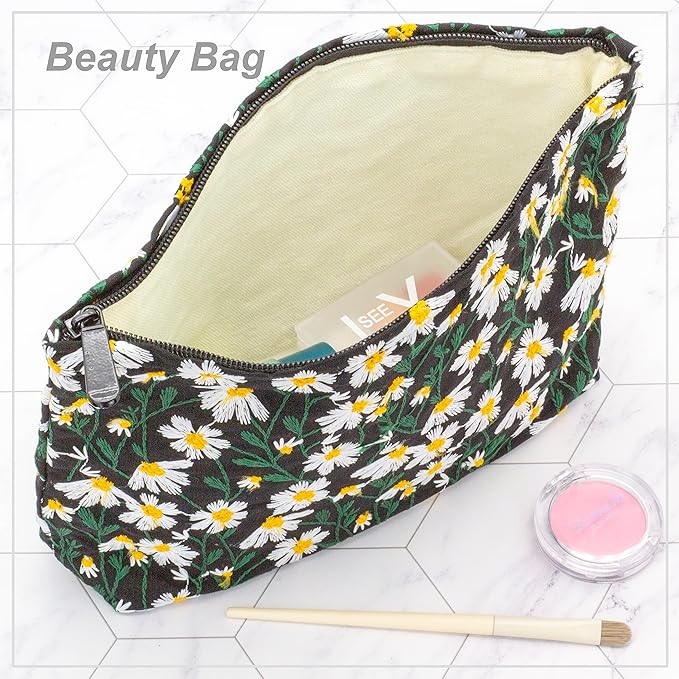 Flat Makeup Bag for Women,Zipper Cosmetic Pouch for Purse,Daisy Black