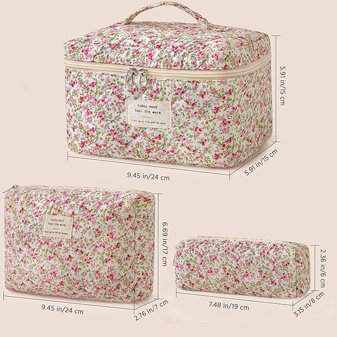 HBselect Quilted Makeup Bag, 3Pcs Cotton Large Travel Makeup Bags Organizer