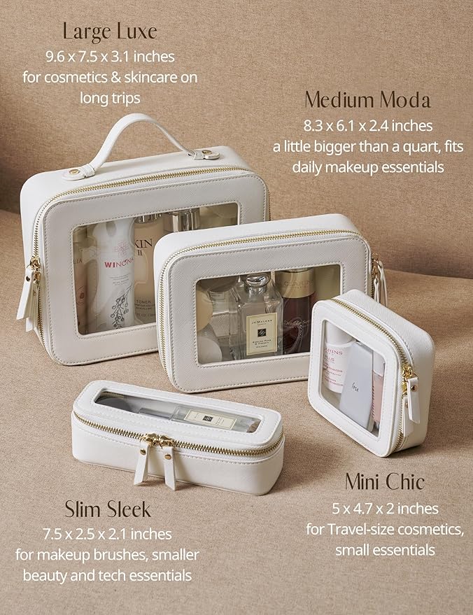 Popvibe Clear Makeup Bag with Zipper, Set of 2, Mini and Medium, White