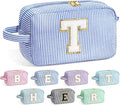 YOOLIFE Teacher Appreciation Gifts for Women - Initial Makeup Bag Letter Toiletry Pouch Cosmetic Case, Personalized Birthday Gifts for Women Girls Mom Daughter Sister Friends, Blue T