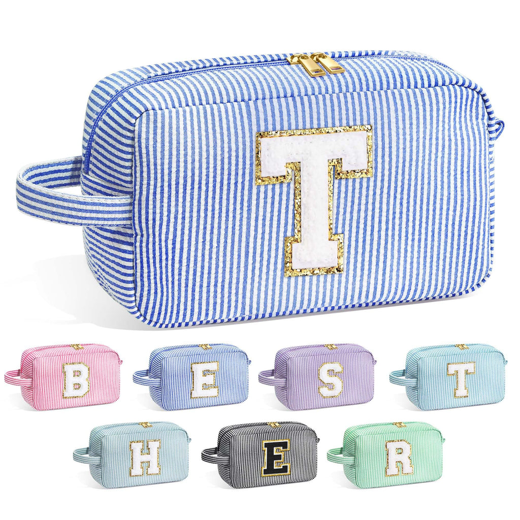 YOOLIFE Teacher Appreciation Gifts for Women - Initial Makeup Bag Letter Toiletry Pouch Cosmetic Case, Personalized Birthday Gifts for Women Girls Mom Daughter Sister Friends, Blue T