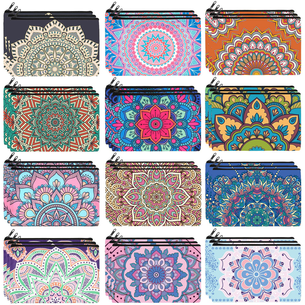 Hillban 36 Pcs Mandala Makeup Bags Bohemian Cosmetic Bags for Women Mandala Flowers Travel Toiletry Pouch with Zipper Portable Organizer Pouch for Cosmetics Makeup Brushes, 12 Styles