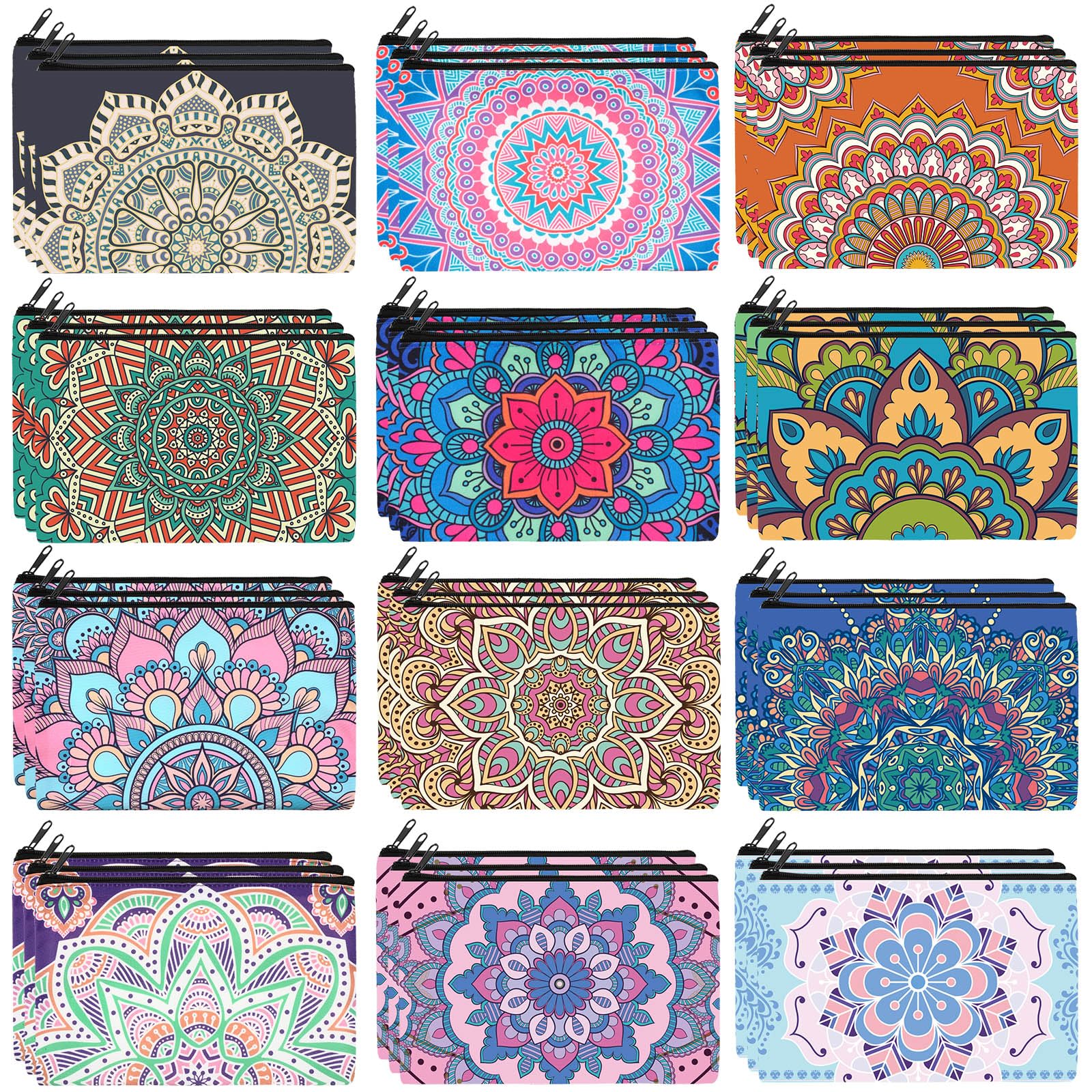 Hillban 36 Pcs Mandala Makeup Bags Bohemian Cosmetic Bags for Women Mandala Flowers Travel Toiletry Pouch with Zipper Portable Organizer Pouch for Cosmetics Makeup Brushes, 12 Styles