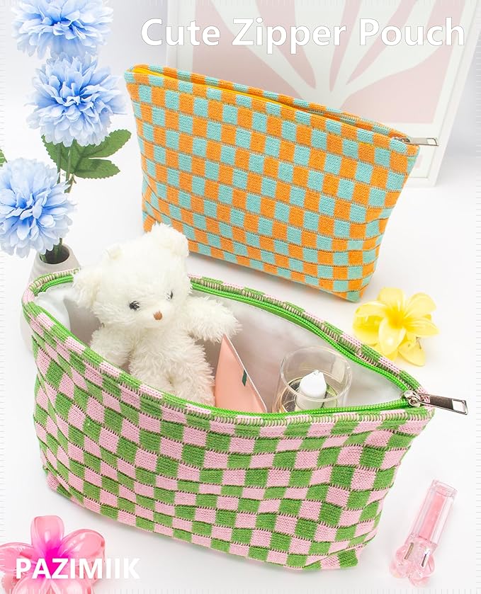 Checkered Makeup Bag for Purse, Small Flat Cosmetic Pouch,Pink Green