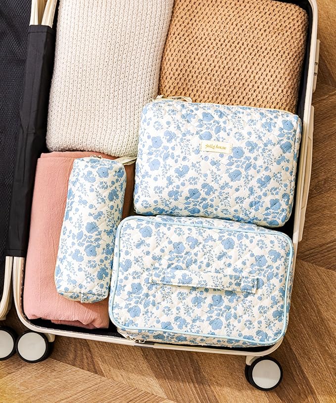 HBselect Quilted Makeup Bag, 3Pcs Cotton Large Travel Makeup Bags Organizer