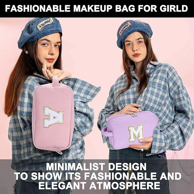 YOOLIFE Pink Makeup Bag for Girls - Preppy Stuff Bag, Cute Initial Makeup Bag for Teens, Teacher, Daughter, Sister Gifts for Women