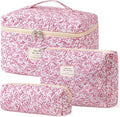 HBselect Quilted Makeup Bag, 3Pcs Cotton Large Travel Makeup Bags Organizer