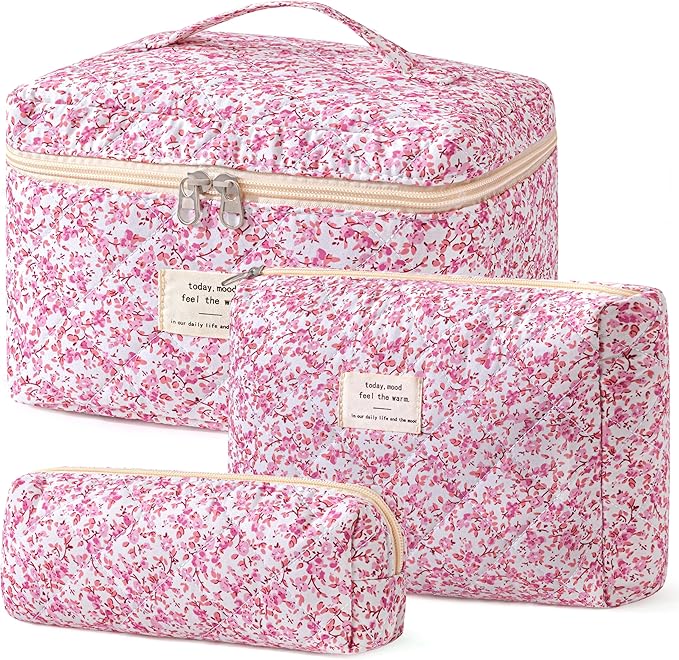 HBselect Quilted Makeup Bag, 3Pcs Cotton Large Travel Makeup Bags Organizer
